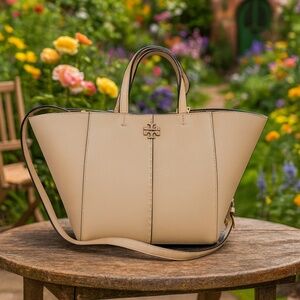 NEW Tory Burch Mcgraw Goan Sand Beige Pebbled Leather Convertible Carryall Tote